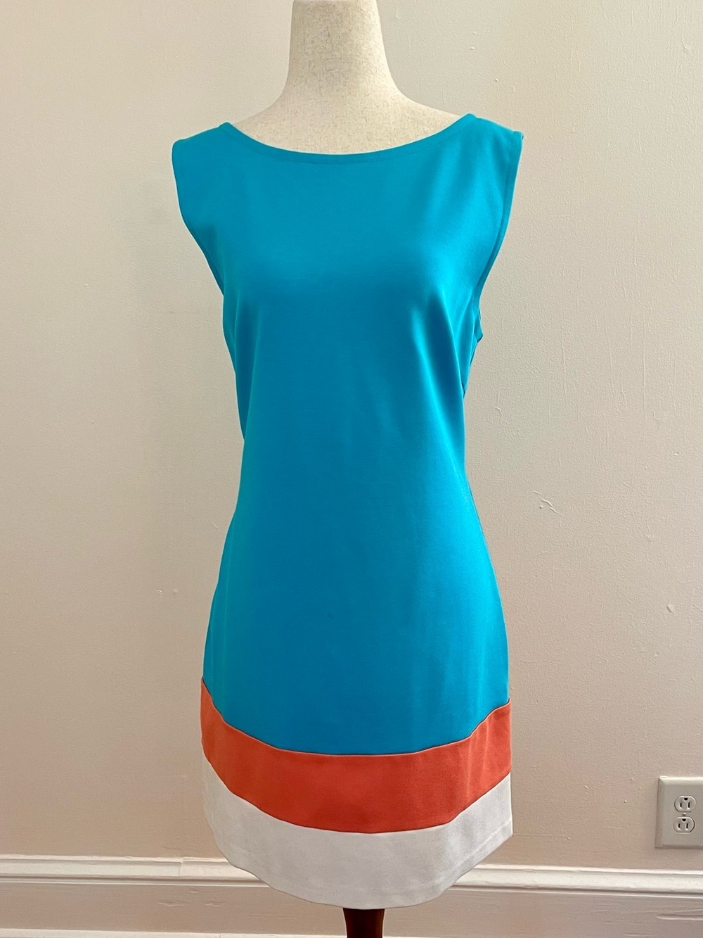 Trina Turk Colorblock Shift Dress Blue Coral White Sleeveless Size 12